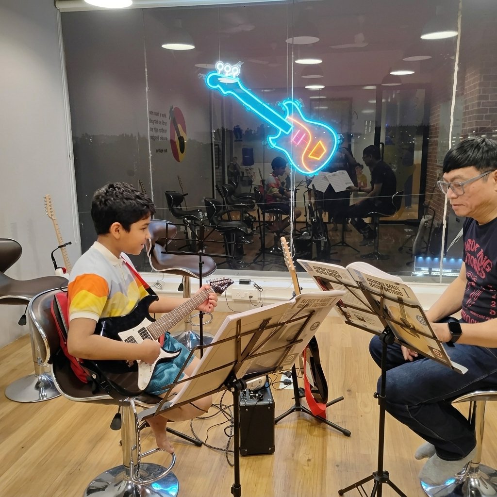 Students learning guitar at Nizampet Music Academy, Kukatpally