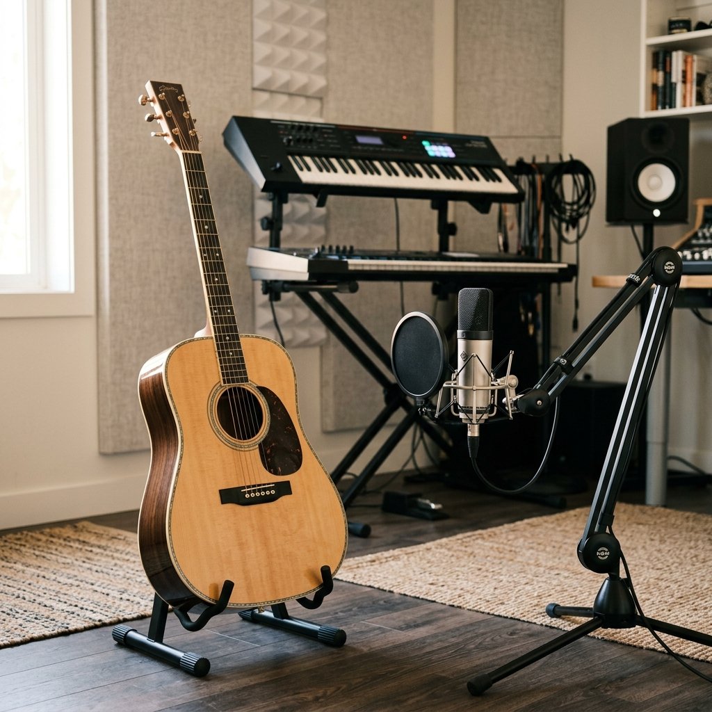 Guitar and microphone in the studio at Nizampet Music Academy