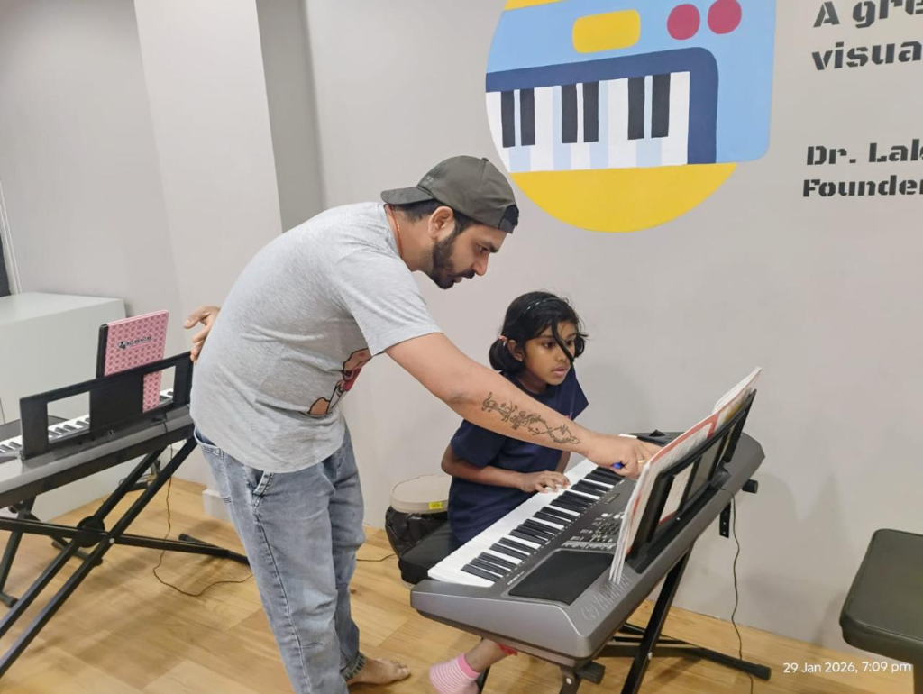 Keyboard lesson at Nizampet Music Academy, Hyderabad