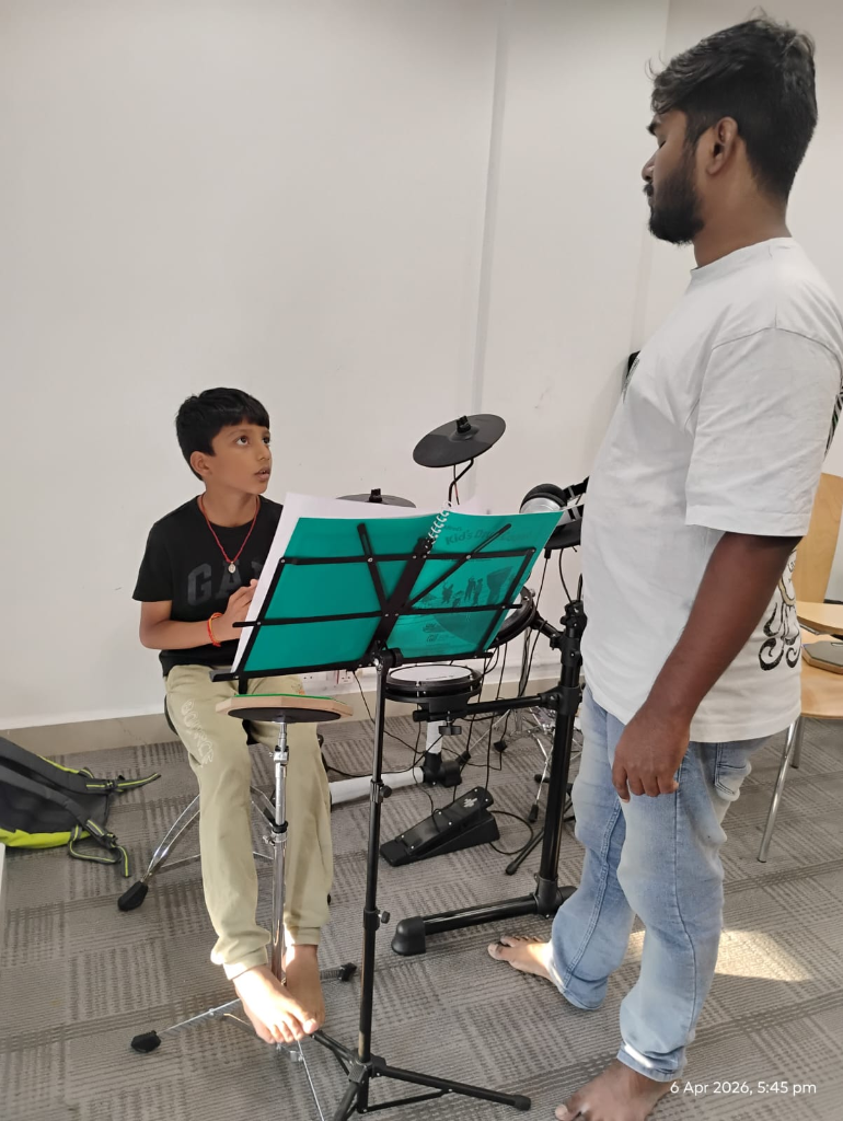 Drum lesson at Nizampet Music Academy, Hyderabad